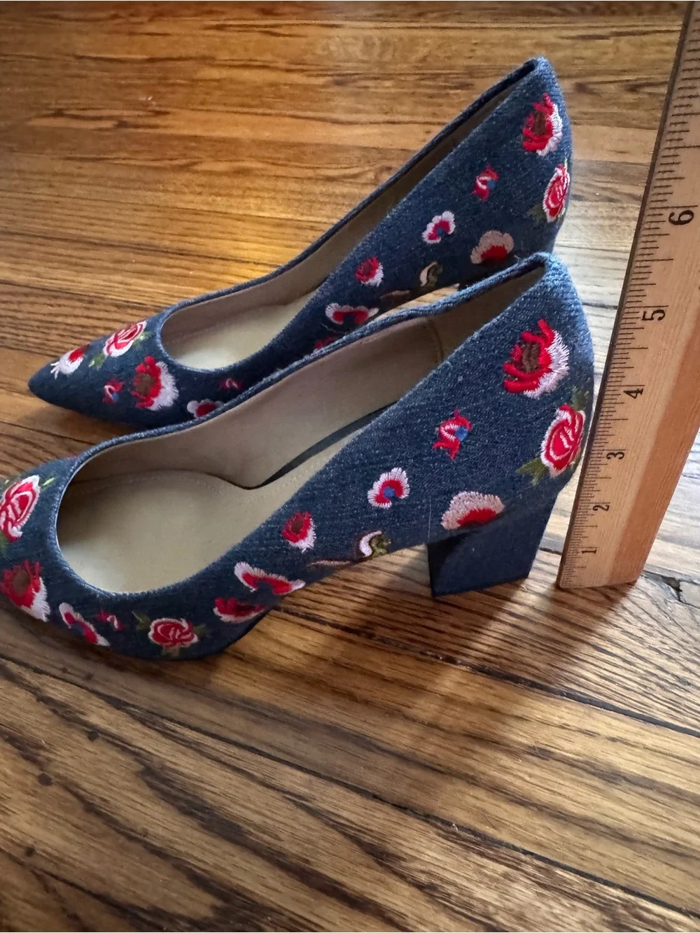 Embroidered Denim Pointed-Toe Pumps in Blue with Red Floral Detail